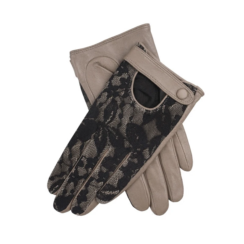 

Брендовые перчатки из натуральной кожи высокого качества, женские перчатки из овчины, черные кружевные Прошитые кожаные перчатки для вожде...