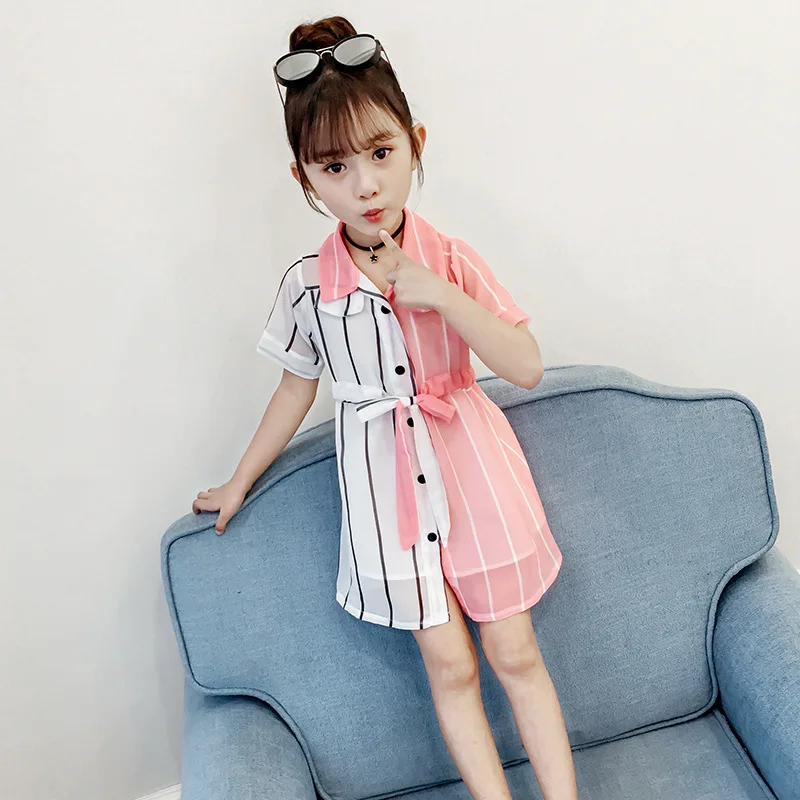 

Chiffon Color Matching Stripe Girls Tshirts For Girls 2020 Summer Fashion Clothing T Shirt Breathable Waistband Children Top