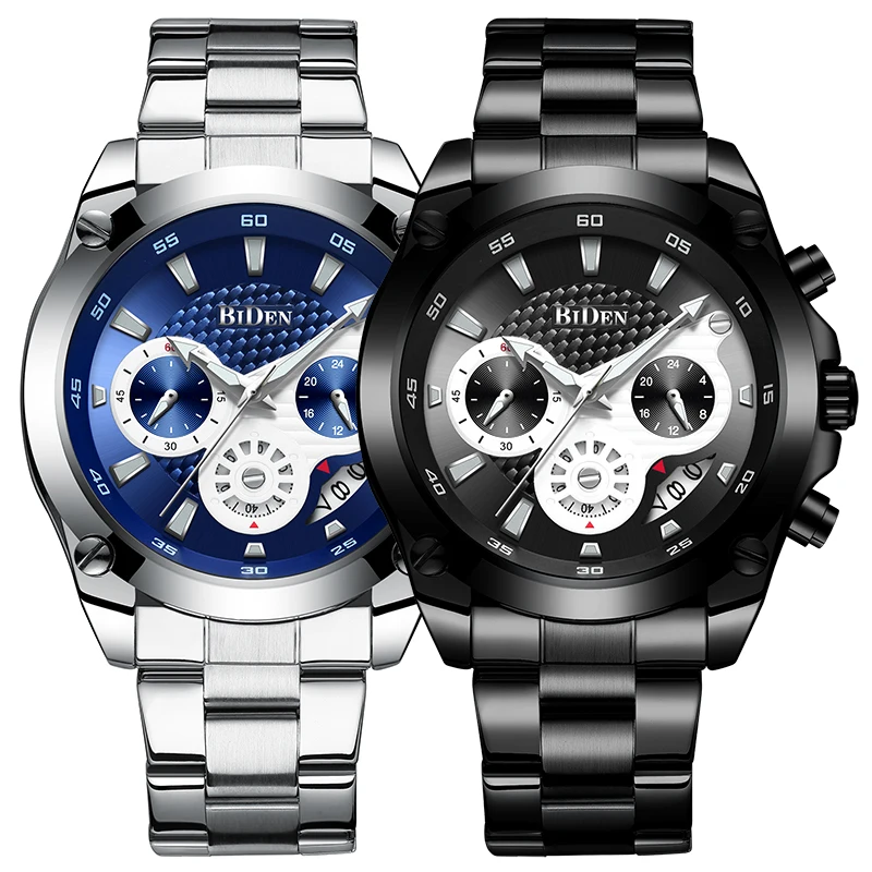 

BIDEN Casual Mens Watch New Collection Quartz Wristwatch 3 Dials Stainless Steel Man Clock Waterproof Top Brand Erkek Kol Saati