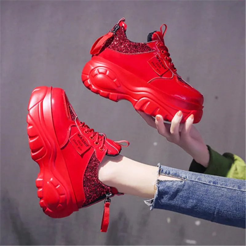 

2020 New Arrived Women Platform Sneakers Leather Casual Shoes 7CM Heels Red Vulcanized Shoes Women Designer Bling Chunky Sneaker