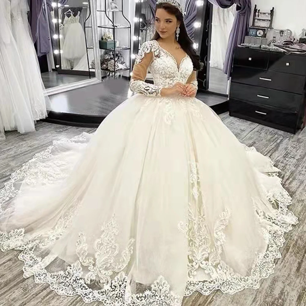 

Elegant Ball Gown Applique Lace Wedding Dresses Full Sleeves Lace Up Bridal Gown V neck Sweep Train Customize vestidos de fiesta