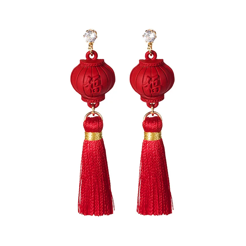 

925 Silver Pin Festive Red Bridal Happy Word Earrings Chinese Knitting Pattern Cat Lantern Tassel New Year Ear Pendant