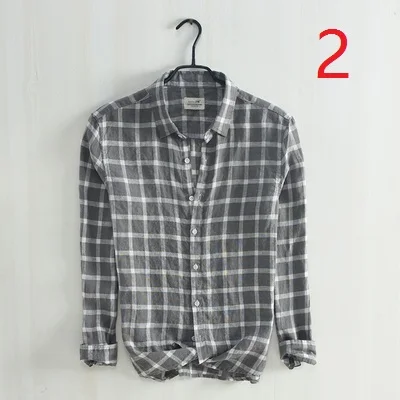 

Retro linen long-sleeved men's small square collar plaid casual shirt youth men's cotton and linen Slim shirt men