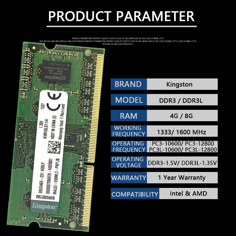 Оперативная память для ноутбука Kingston DDR3L 4 ГБ 8 PC3L 10600 12800 оперативная So-DIMM ОЗУ 1333