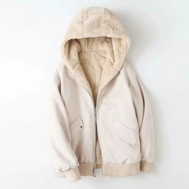 SLMD Autumn Winter Women Fashion Loose Double Wear Hoolded Fleece Jackets Female Warm Fur Pockets Zipper Coats Ladies Outerwear