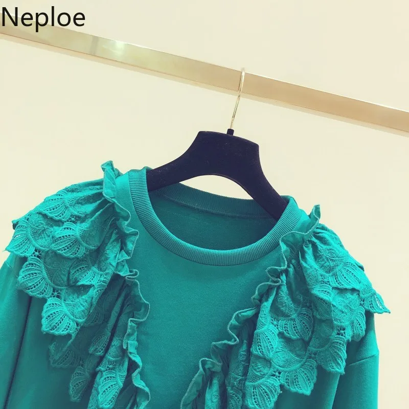 Neploe короткие толстовки с круглым вырезом и длинным рукавом Элегантная кружевная