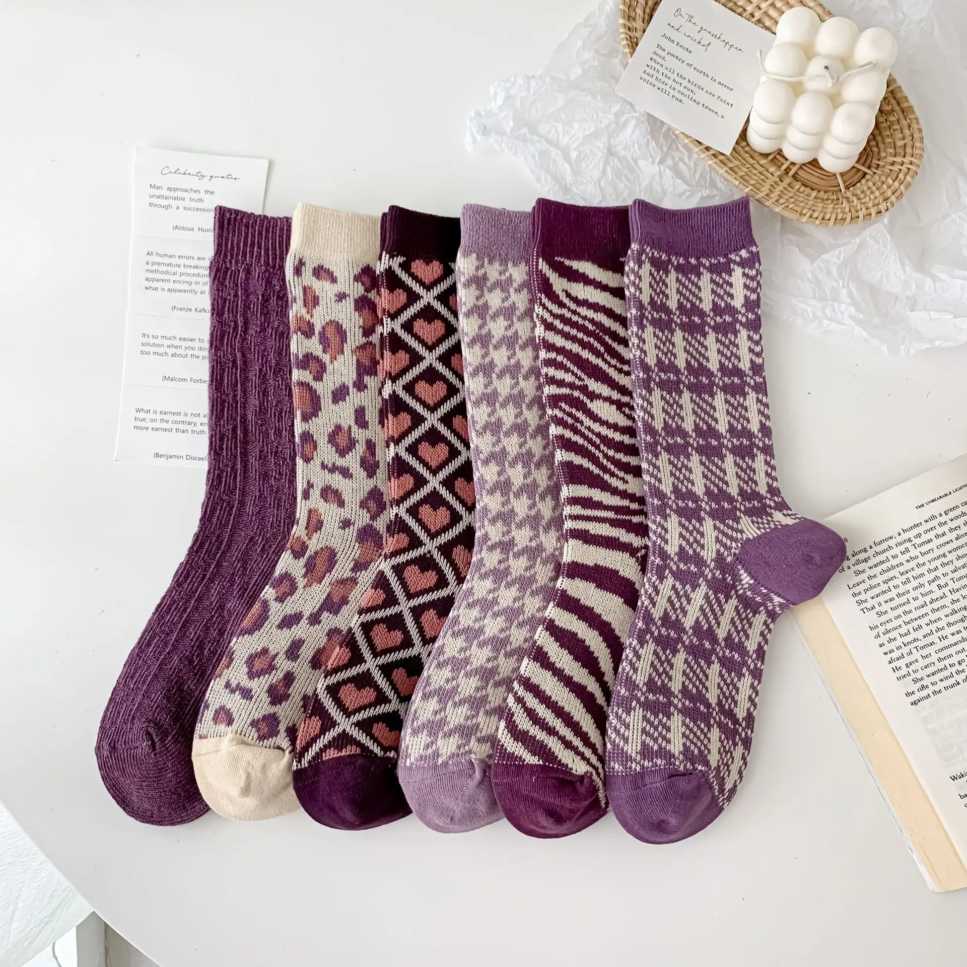 

Romantic Purple Cotton Knit Socks Women Leopard Zebra Houndstooth Lattice Heart Pattern Retro Fashion Autumn Winter Socks