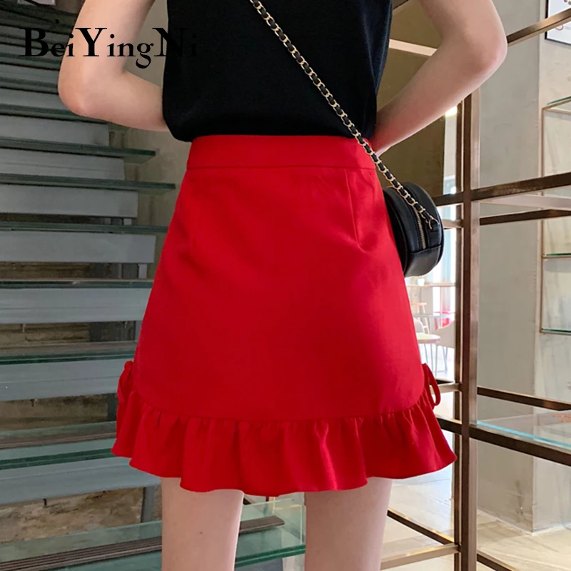 

Beiyingni College Style Mini Skirts Ladies Slim Korean All-match Chic Solid Lace-up Red Saias Womens High Street Elegant Skirts