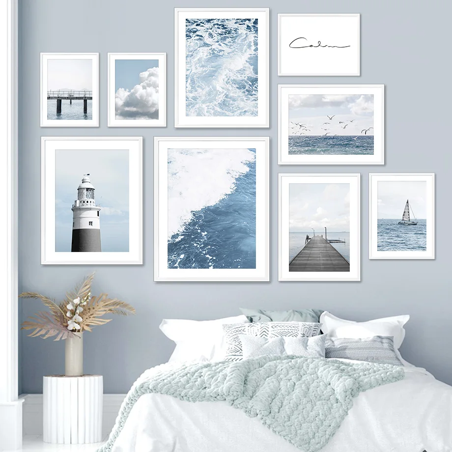

Wall Art Canvas Painting Sea Waves Birds Sailboat Bridge Ocean Sky Nordic Posters Prints Wall Picture For Living Room Decoration