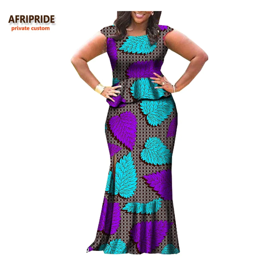 Afripride, 2 предмета, юбка, костюм, Африканский принт, без рукавов, топ+ Длина по щиколотку, юбка с Боковым Разрезом, Женский Повседневный хлопковый костюм, A722655 - Цвет: 337X