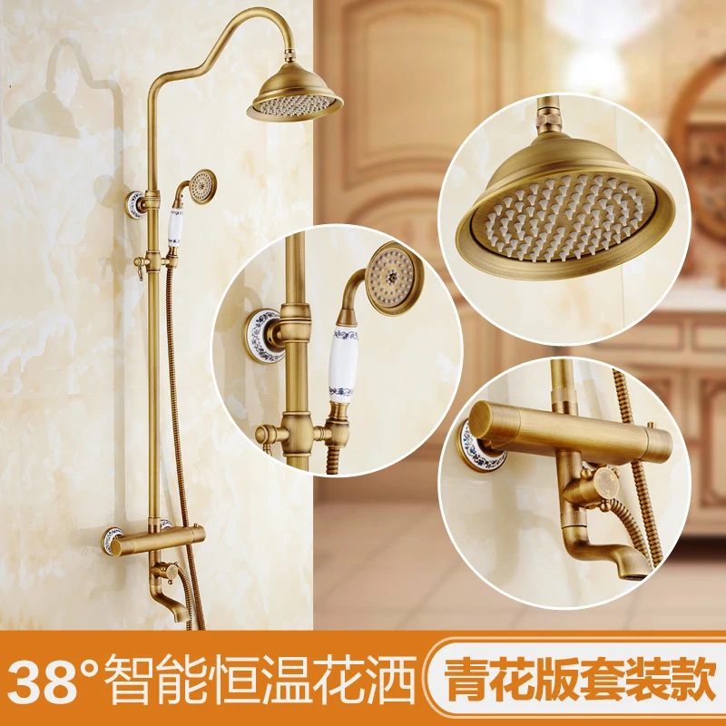 Европейский античный термостатический набор для душа латунный умный смеситель в