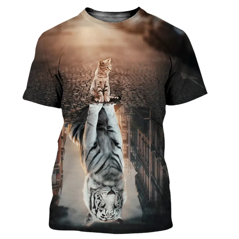 

Black and white 3D printing couple T-shirts for men and women, summer short-sleeved tops, fun animal loose tops