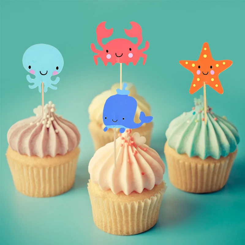 24pcs Ocean Animal Cupcake Toppers Under the Sea Party Cake Flags Boy Baby Shower Mermaid Theme Birthday Party Cake Decorations images - 6