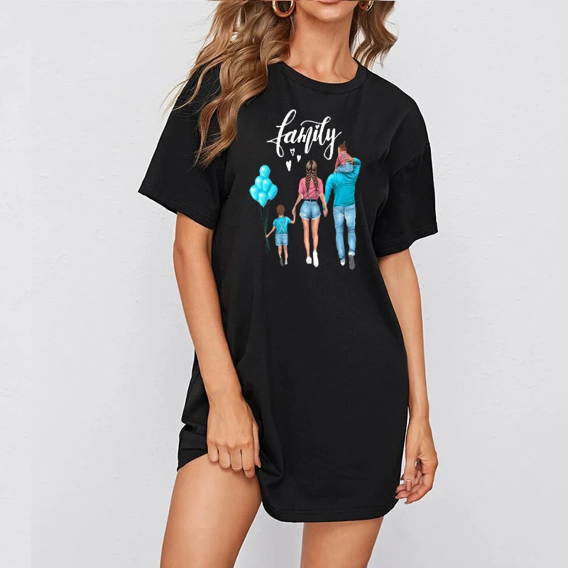 

Family Print Dress Mini Women Loose Summer Plus Size T-Shirt Dresses Korean Short Sleeve Streetwear Casual Pullover Robe 2021