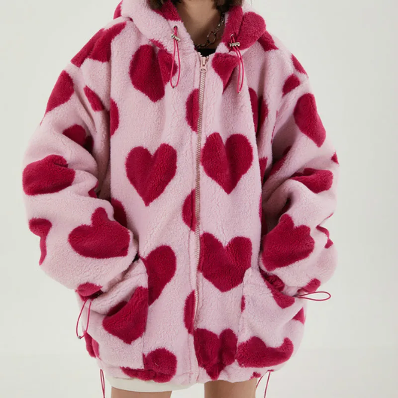 Fashion Love Printed Plush Jacket Ladies Lamb Plush Winter 2022 New Korea Oversize Loose Long-sleeved Hooded Cotton Jacket