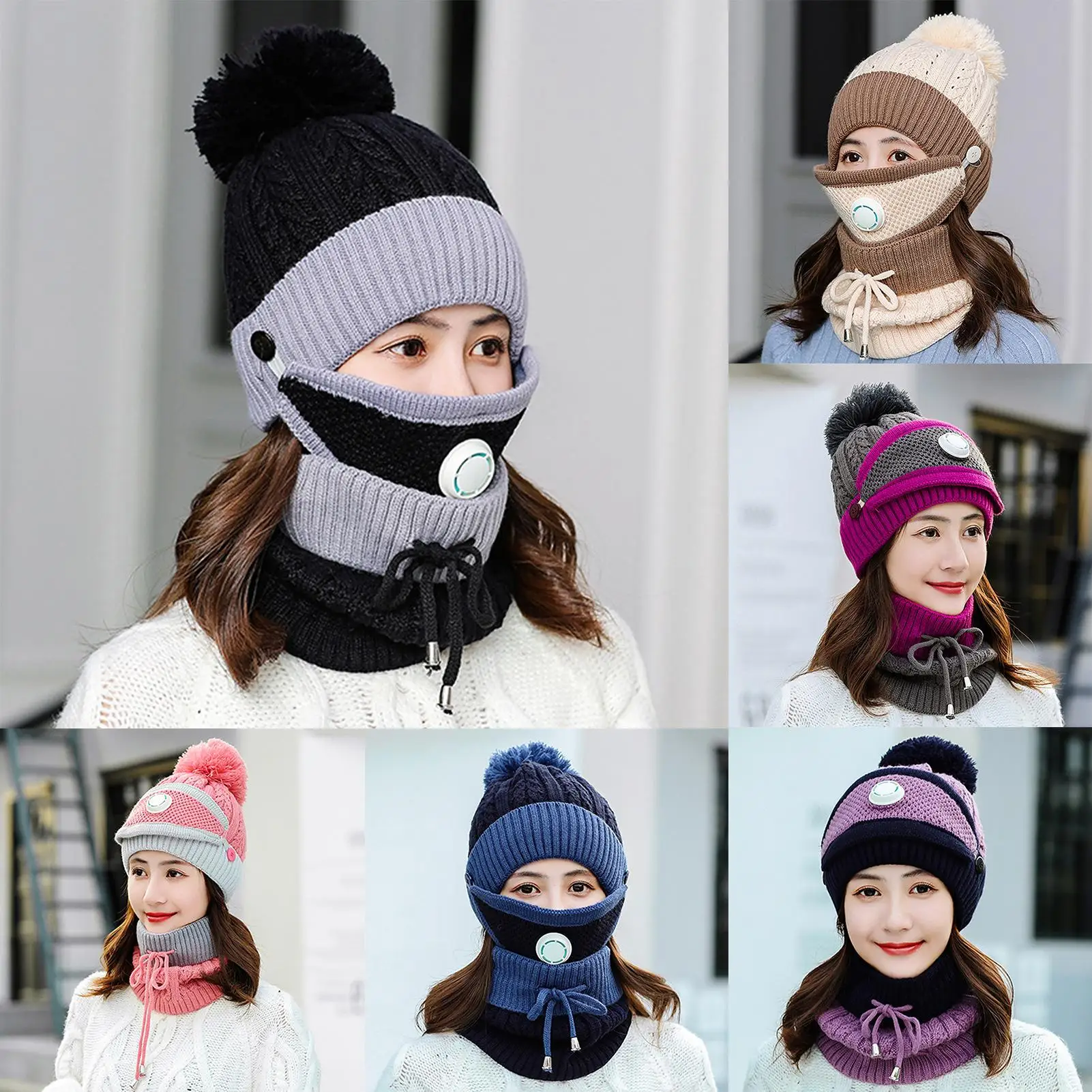 

Women Autumn Winter Warm Knitted Beanie Cap Face Cover Neck Scarf Outdoor Set