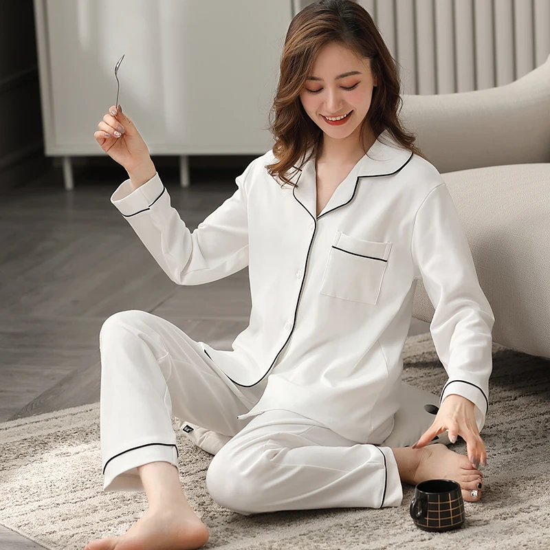 

Women 100% Cotton Pajamas Winter Dormir Lounge Sleepwear Solid White Pijama Mujer Bedroom Home Clothes Pure Cotton Pyjamas PJs