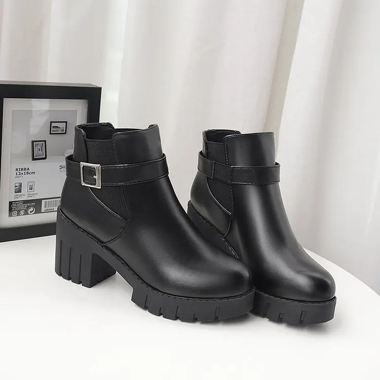 Женская обувь искусственная кожа высокий каблук черные зимние ботинки женская