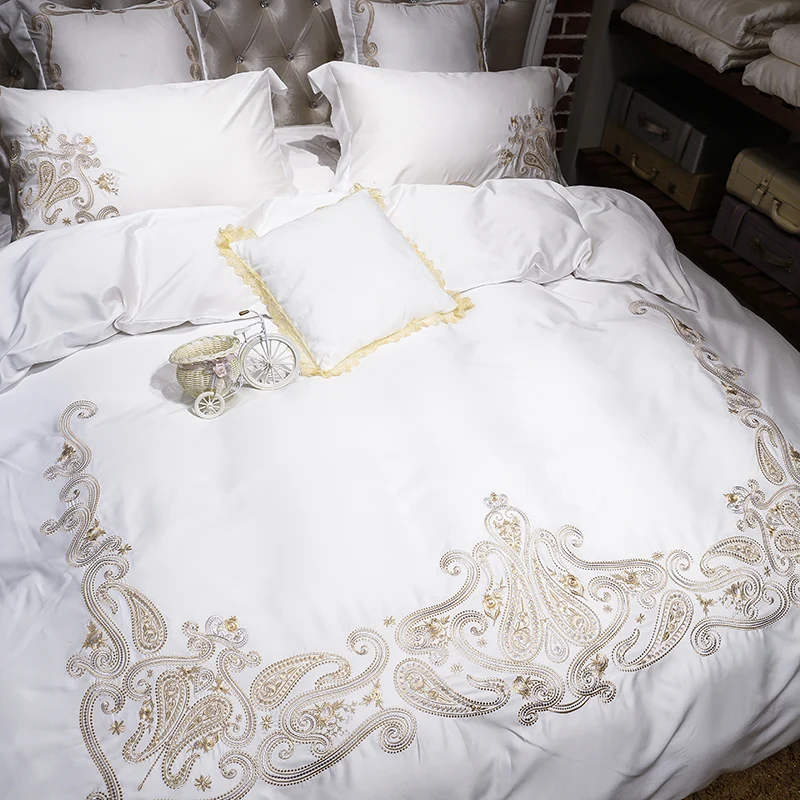 Роскошный набор для спальни с вышивкой 4/6 штук Шелковый комплект постельного