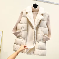 autumn and winter lamb wool stitched down jacket womens vests casual v neck black outerwear coats