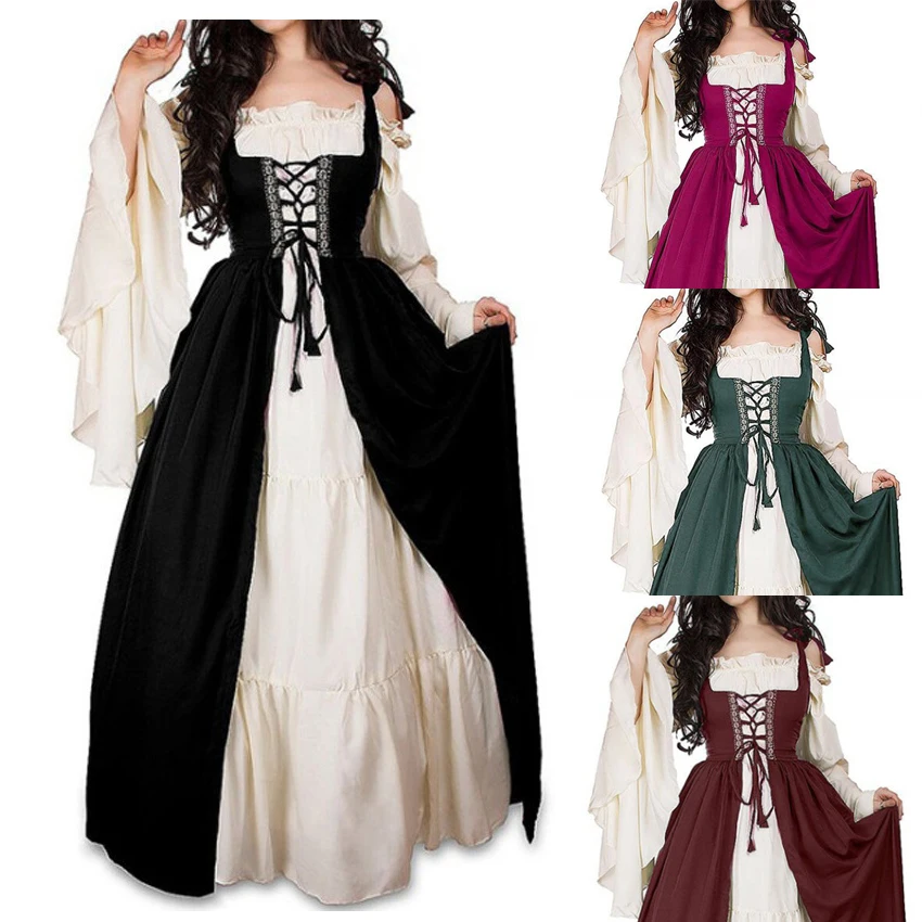 

Halloween Women European Medieval Court Fancy Vampire Cosplay Costume Carnival Vintage Strapless Long Sleeve Queen Long Dress