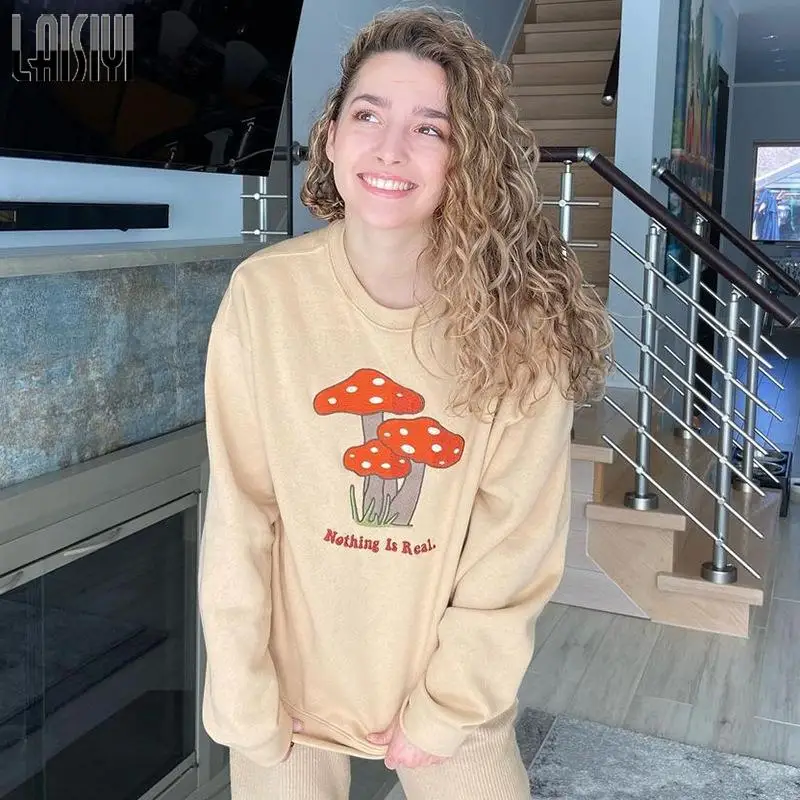

Y2k Bts Hoodies Mushroom Printed Oversized Sweatshirt Women O-neck Autumn Warm Winter Tops Harajuku Casual Women's Sweatshirts