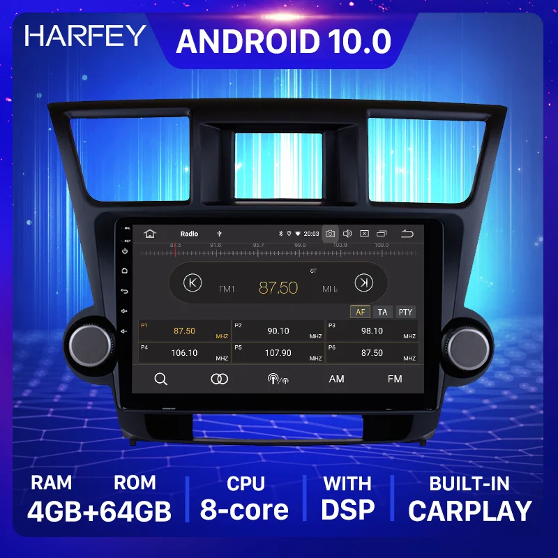 Головное устройство Harfey Android 10 0 4 + 64 Гб 1 ''GPS для 2009-2014 Toyota Highlander 1Din 1080P