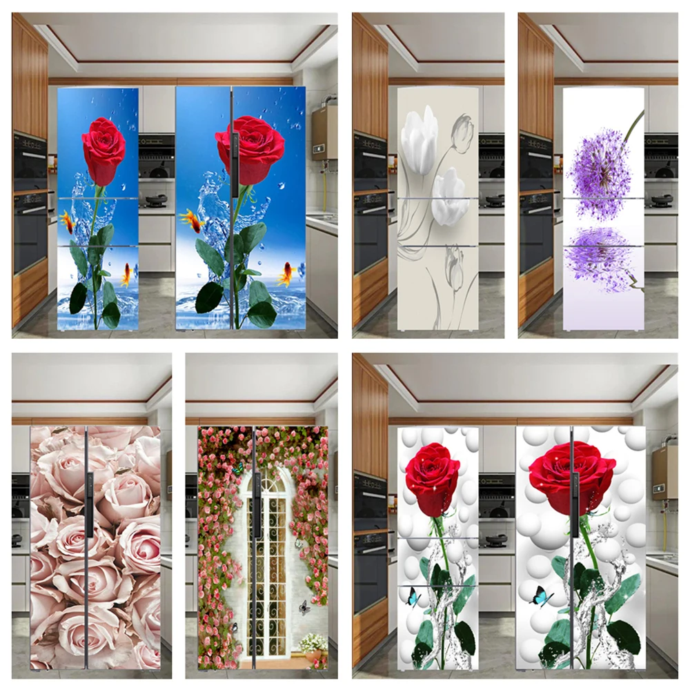 

Red Rose Fridge Sticker Flower Floral Printed Door Sticker Wrap For Freezer Self Adhesive Wallpaper Kitchen Renovation Removable