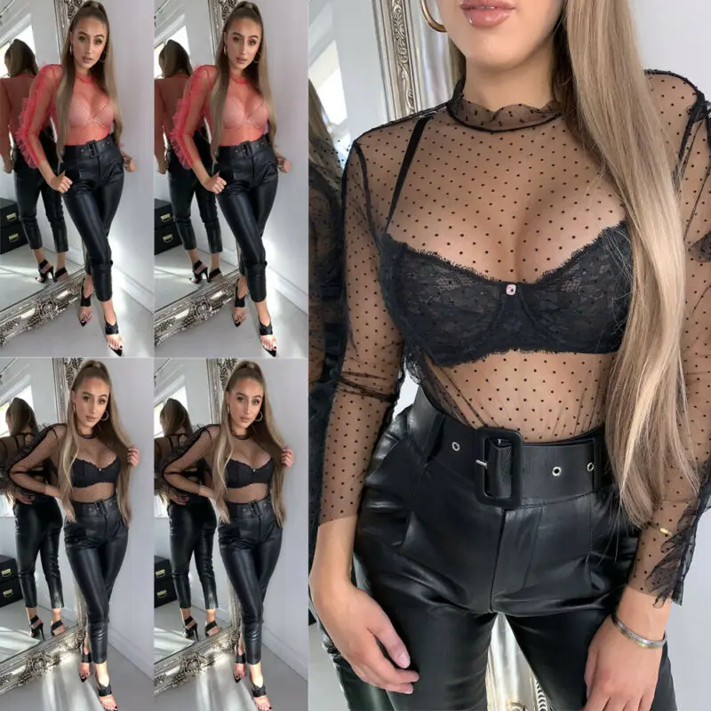 Womens Sheer Mesh See-through Blouse T-Shirt Ladies Polka Dot V-Neck Casual Tops Cover Ups Beachwear | Женская одежда