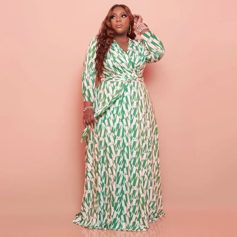 

ZJFZML ZZ Women Clothing Dresses Plus Size Elegant Long Sleeve Deep V-neck Sashes Floor Length Dress Dropshipping Wholesale