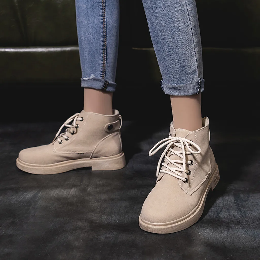 Women's Suede Martin Boots Ladies Fashion Round Toe Casual Lace Up Single Shoes woman student Lace-Up Flat Head Short Boot | Обувь