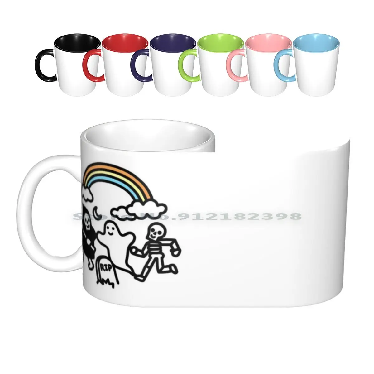 

Spooky Pals Ceramic Mugs Coffee Cups Milk Tea Mug Skull Skulls Ghost Ghosts Grim Reaper Death Dead Rainbow Rainbows Cute Funny