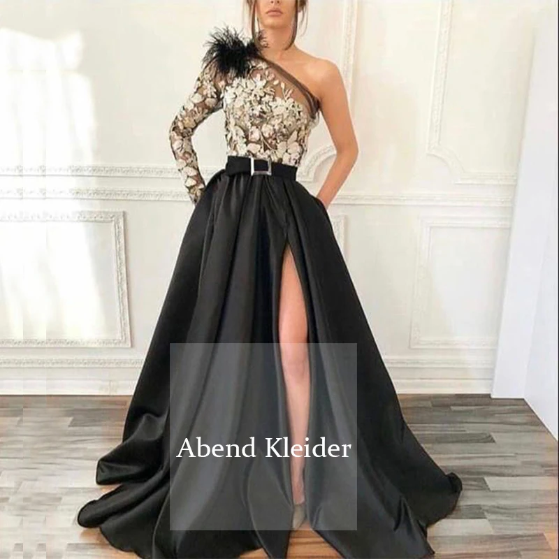 Long Black Satin One Shoulder Women Evening Dresses 2020 Abendkleider Gown with Feather Robe De Soiree Caftan Mariage | Свадьбы и