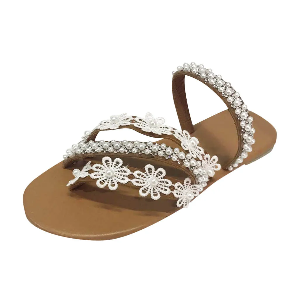 Сандалии женские с жемчужинами босоножки на плоской подошве без застежки