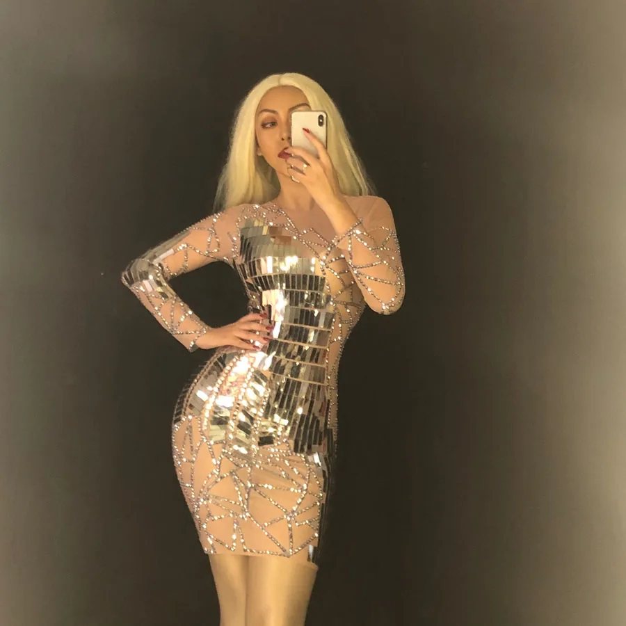 

Прозрачное цельнокроеное платье, блестящее серебристое зеркало, костюм для вечеринки, дня рождения, праздника, танцевальные костюмы для певицы