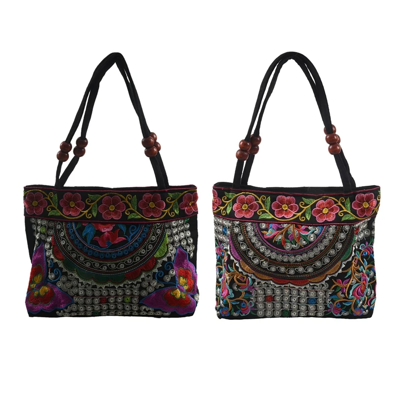 

Сумка-тоут женская с вышивкой, модная сумочка ручной работы в этническом стиле, тоут на плечо с цветами (фиолетовая бабочка и цветы), 2x