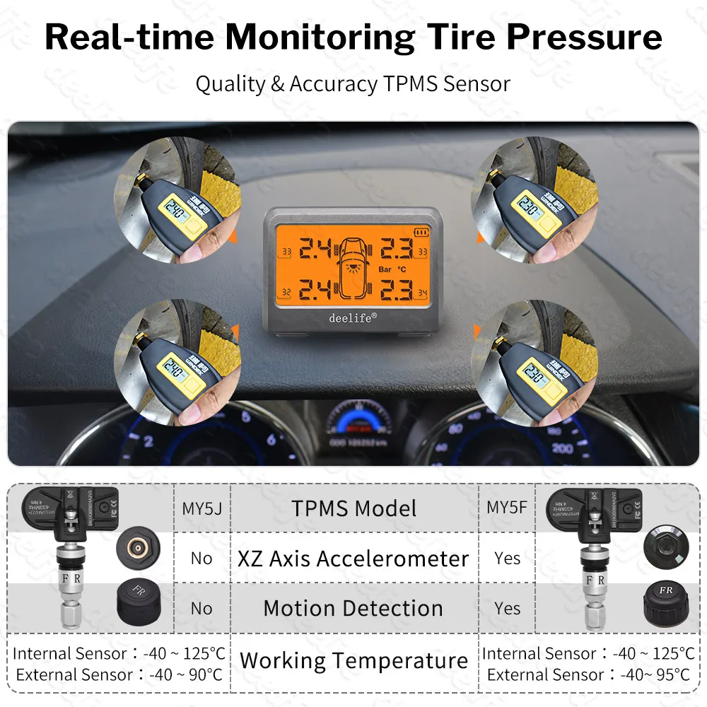 deelife solar tpms sensor car tire pressure monitoring system for 4 wheel tyre tmps free global shipping