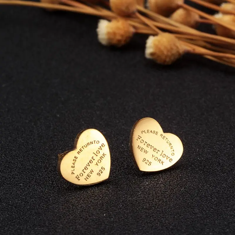 

jiangyang Stainless Steel Forever Lover's Heart Earrings for Women Luxury Small Engraved Stud Earrings Brand Women Jewelry