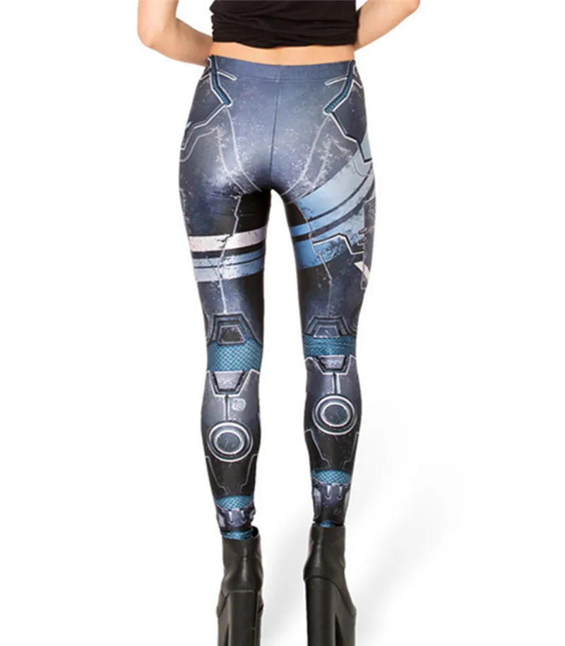 DOUBCHOW Womens Blue Robot Printing Leggings Pants 2018 Maiden Girls Shiny Spandex Stretchy Leggings Skinny Footless Plus Size