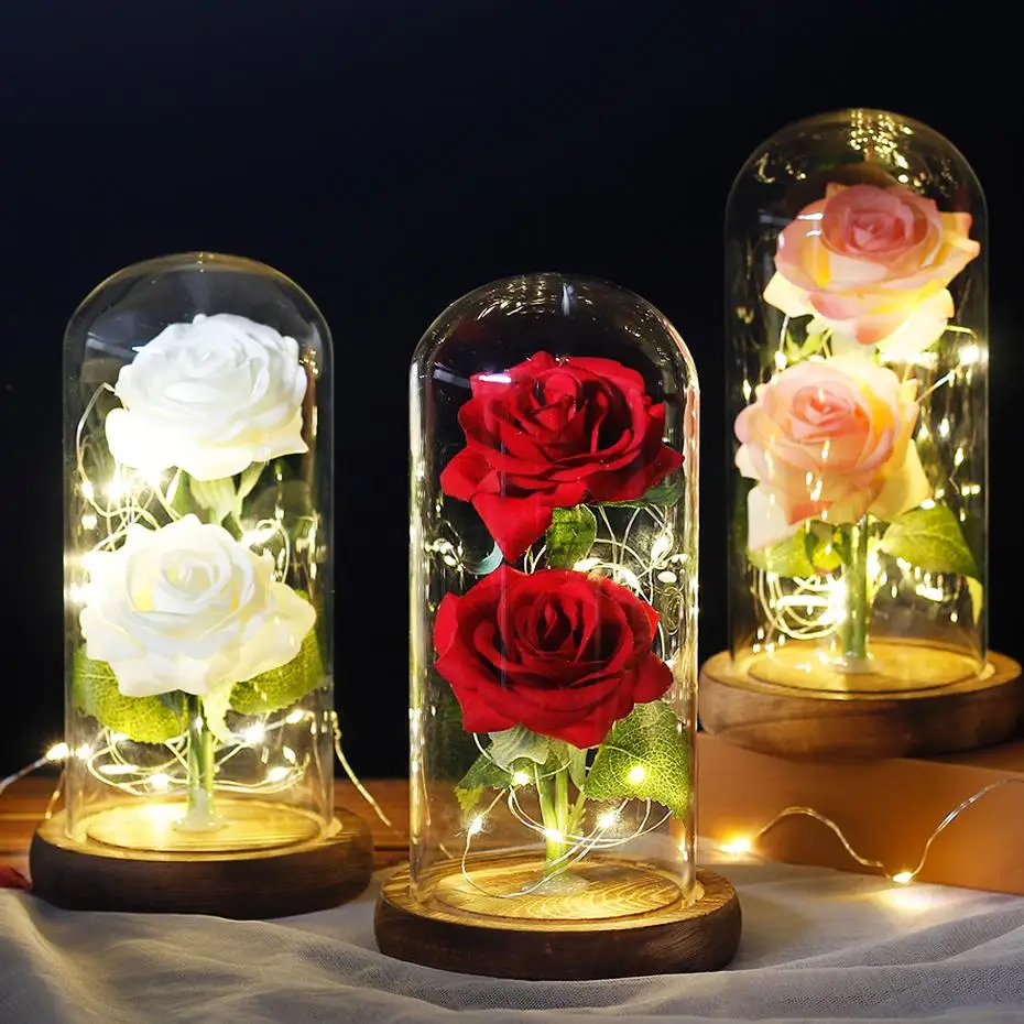Creative High Quality Beauty and the beast Two Flowers Red Rose LED Light Summit Base Glass For Mother Valentine's Day Present