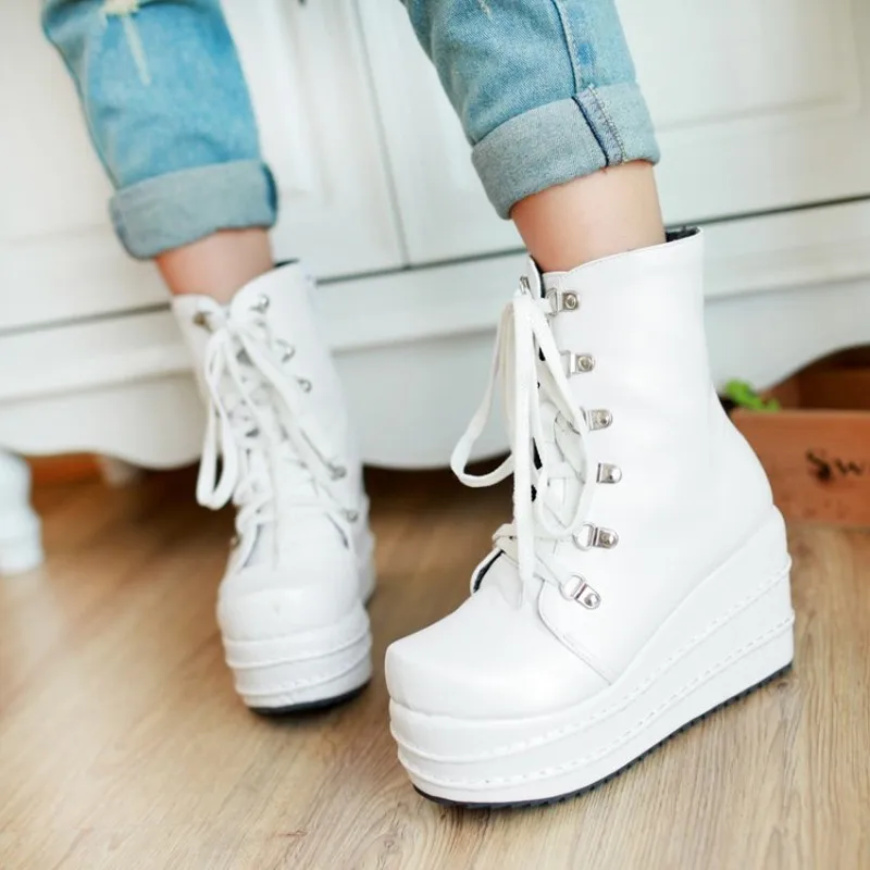 

Women's Boots New winter zipper fashion Wedge High heel Martin boots Women's shoes plus size 31-43 Heel Height 8.5cm black White