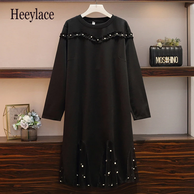 Женское черное платье Русалка с оборками и бисером длинным рукавом|Женские