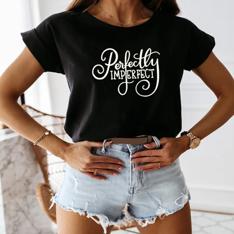 

Идеально Imperfect с принтом хлопковая футболка с коротким рукавом, летний женский топ с круглым вырезом, забавная футболка, женская повседневн...