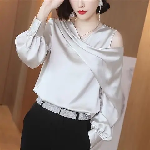 

Silk satin temperament off-shoulder shirt female design Korean loose white cold wind shirt womens tops and blouses Rayon