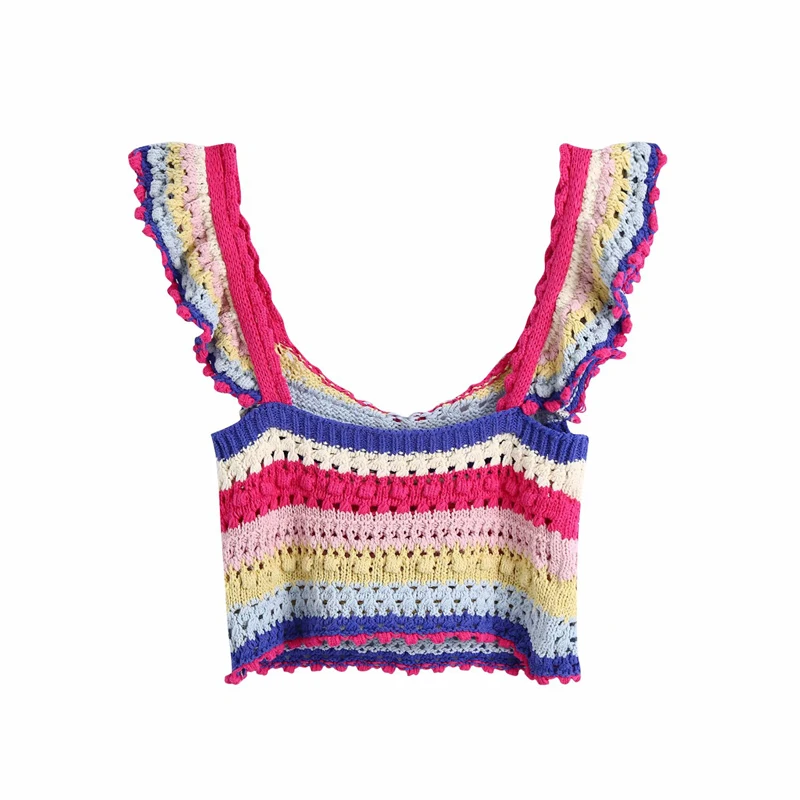 

Spring and summer women's casual striped ruffled short knitted camisole