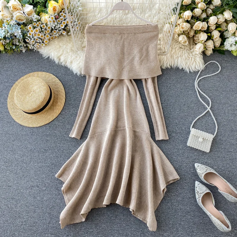 

Knitted Winter Dresses For Women 2021 Clothes Long Sleeve Elegant Midi Sweater Dress Off Shoulder Sexy Bodycon Dress