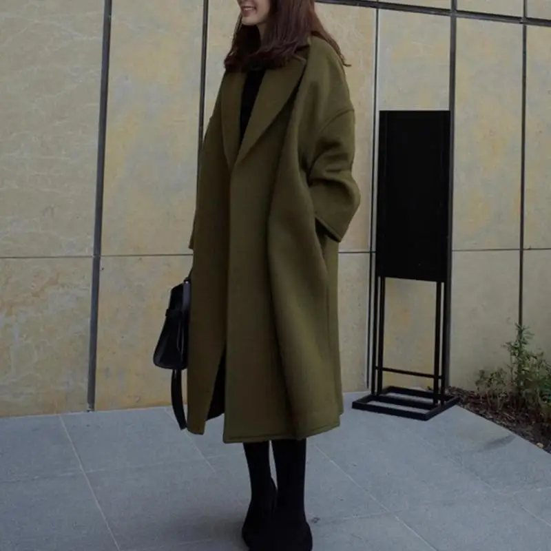 Зимнее длинное пальто, женская шерстяная куртка, модная однотонная женская шерстяная куртка с длинным рукавом, корейское свободное осенне-зимнее пальто, Прямая поставка