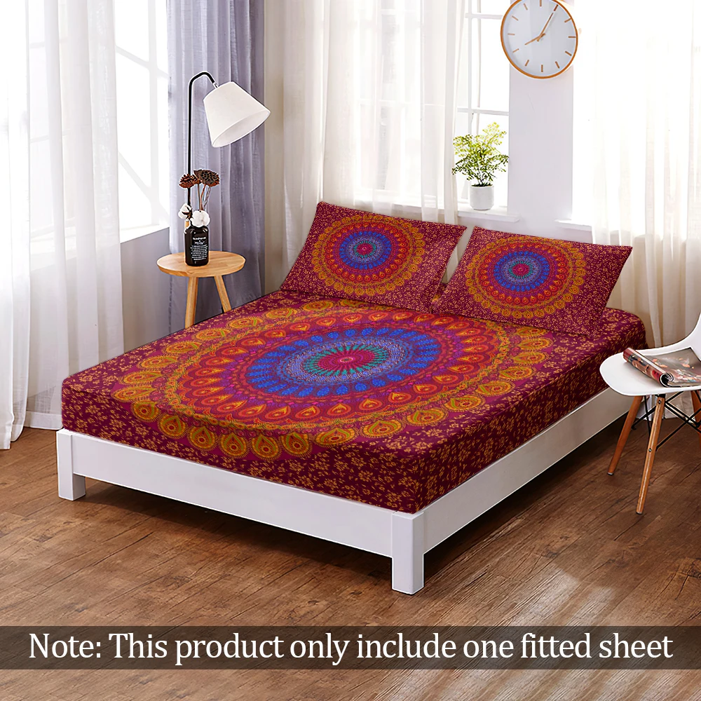 

1pc 100%Polyester India Mandala Bohemia Solid Fitted Sheet Mattress Cover Four Corners With Elastic Band Bed Sheet