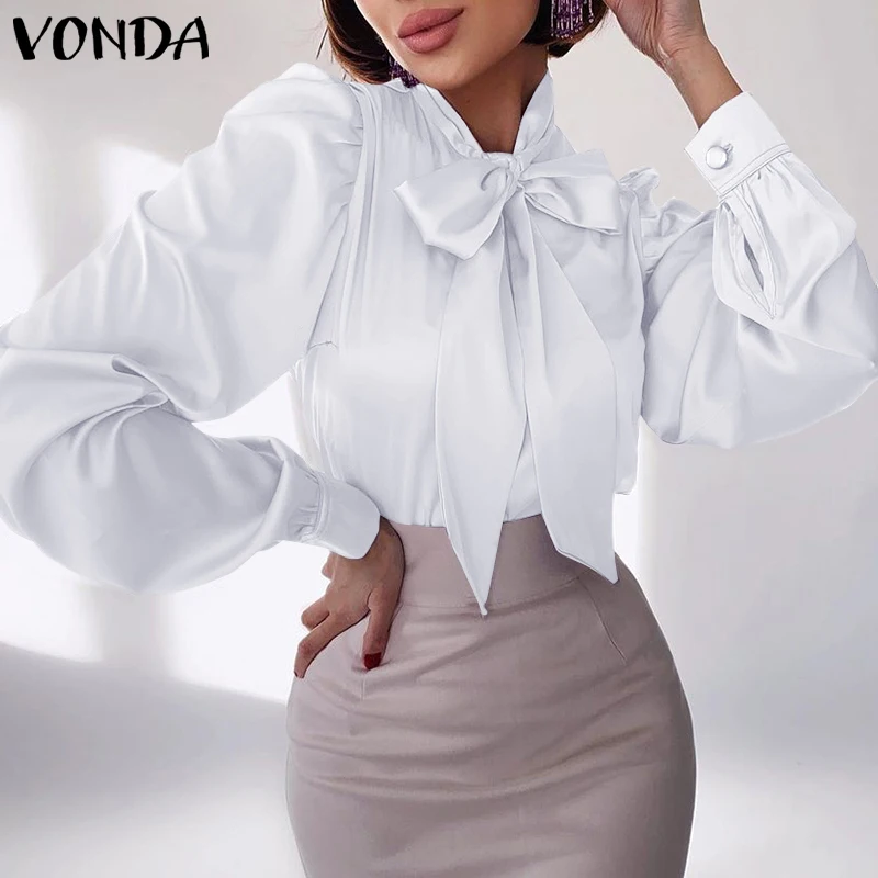 

Элегантные рубашки с бантом, Женская Туника 2021 VONDA, повседневные однотонные плиссированные топы с рукавами-фонариками, Офисная Женская блуз...