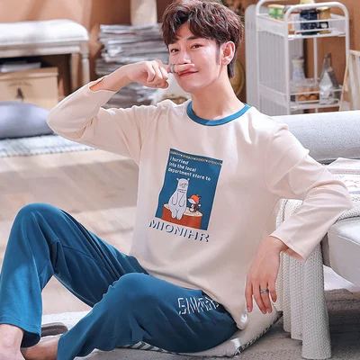men pajama set Осенне-зимние мужские пижамы с длинными рукавами, хлопковые Пижамные комплекты в полоску с надписями и героями мультфильмов, повседневные мужские пижамы для отдыха и сна, L-XXXL Пижама - Цвет: men pajama set